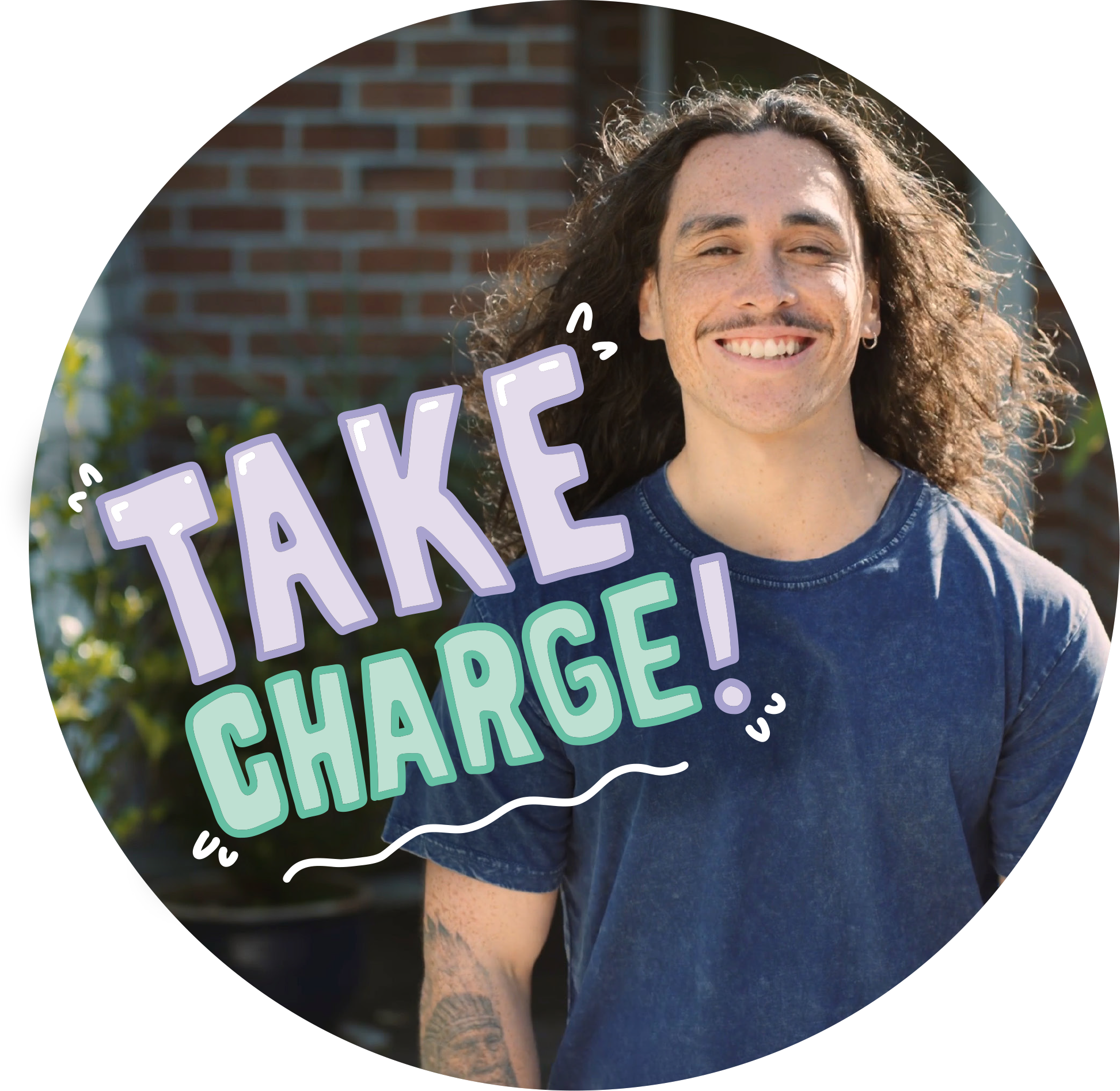 A confident young man smiles at the camera with the words 'Take Charge' in the frame.