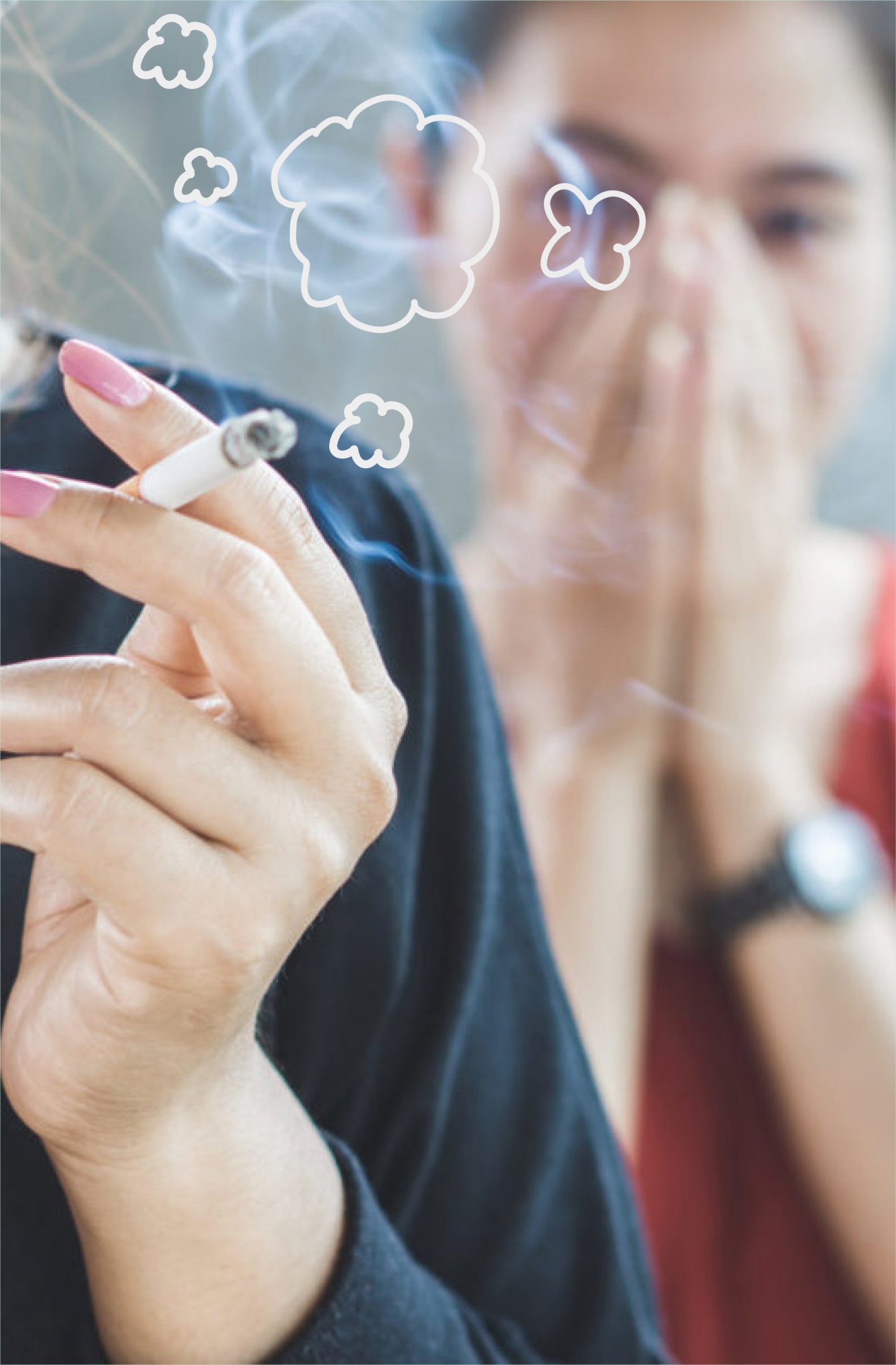 A girl is covering her face by hands when a woman is smoking a cigarette.