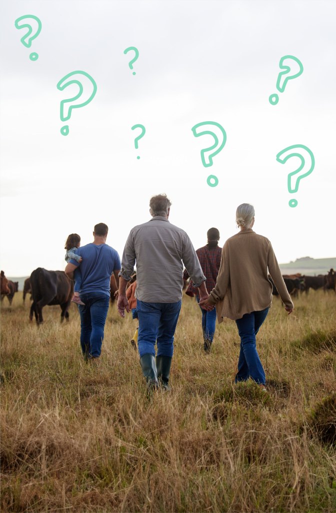 A group of people walking through a field with question marks in the sky.
