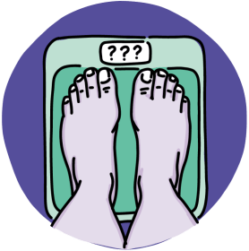 Feet standing on bathroom scales with question marks on the weight screen