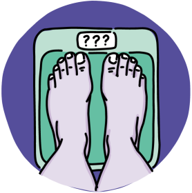 Feet standing on bathroom scales with question marks on the weight screen