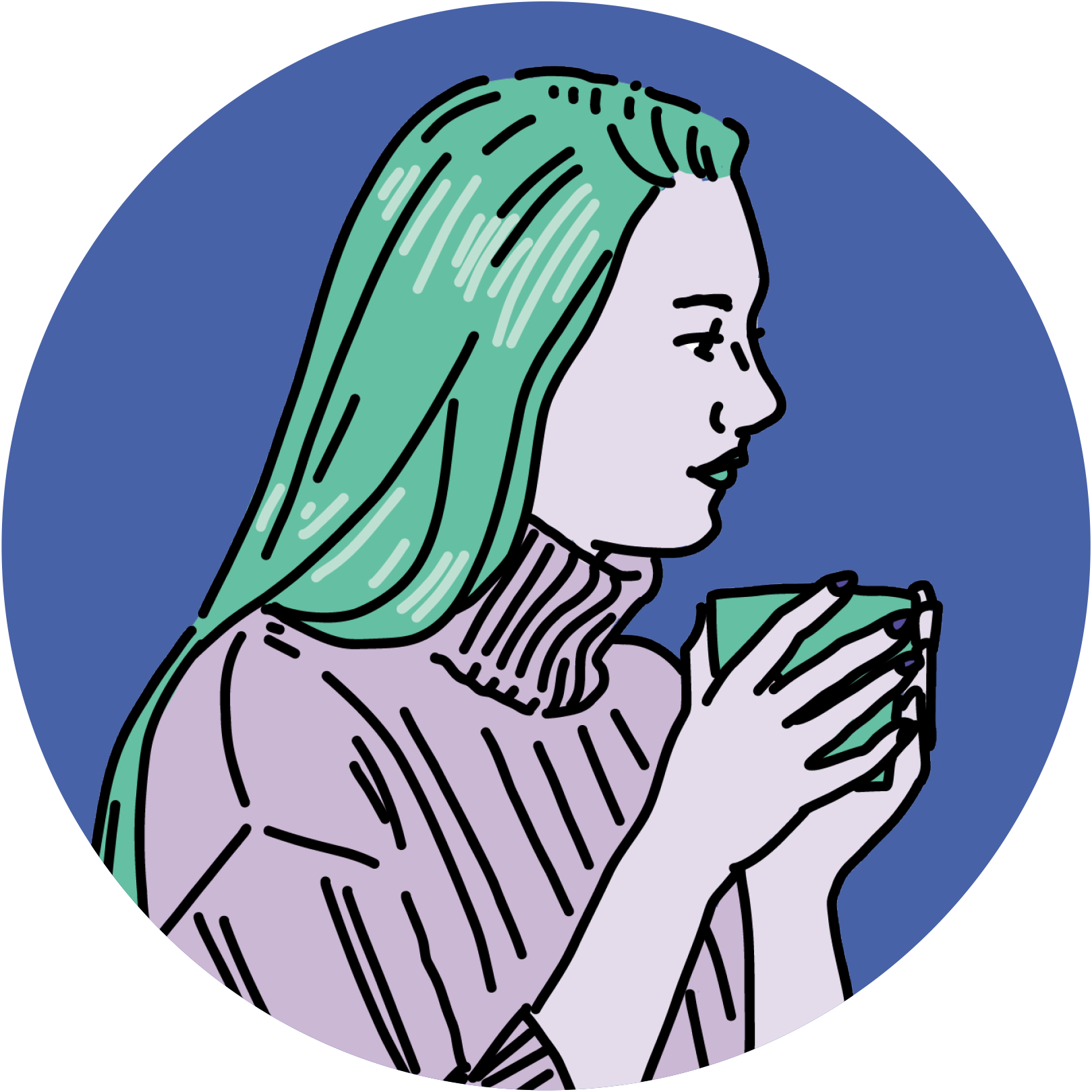 Illustration of a woman thinking over a cup of tea.