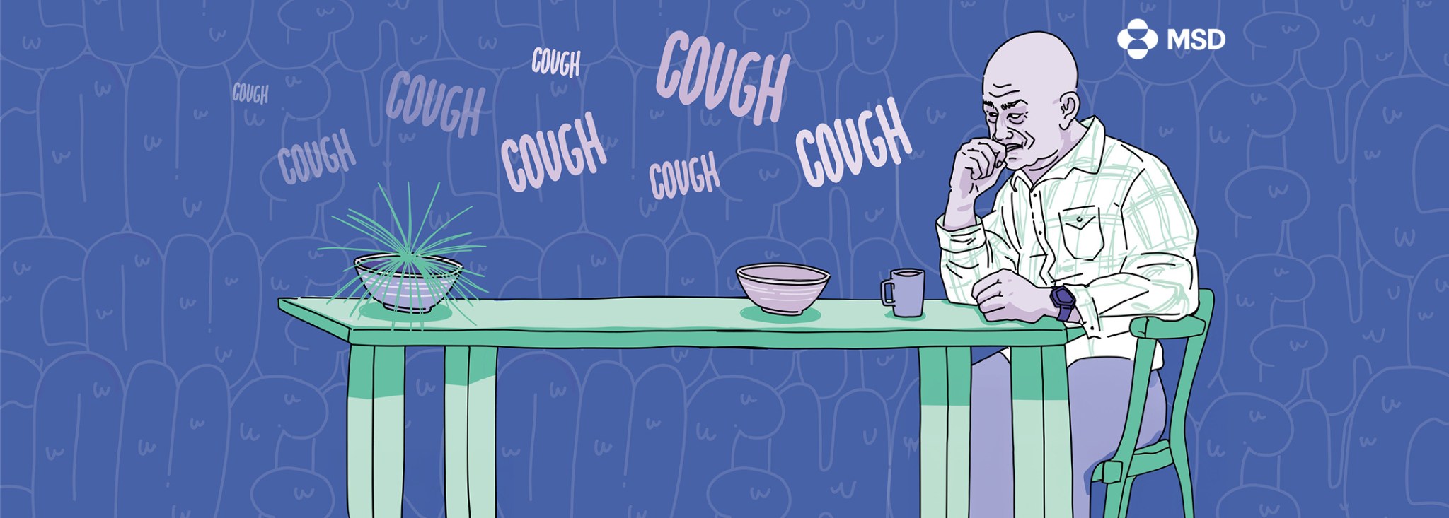 Illustration of a man coughing at his dining table.
